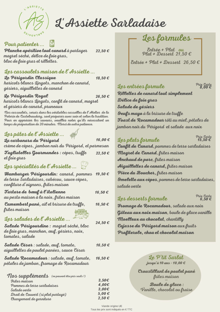 carte d'été restaurant l'assiette sarladaise